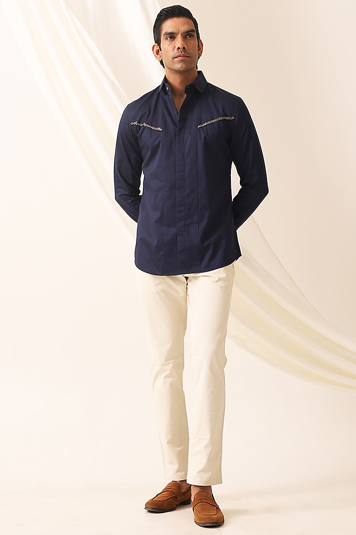 Navy Blue Cotton Party Wear Shirt by SEVENDC MEN at Pernia's Pop Up Shop