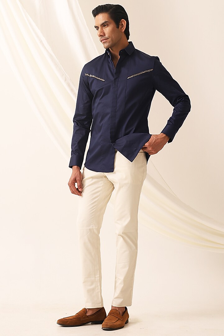 Navy Blue Cotton Party Wear Shirt by SEVENDC MEN at Pernia's Pop Up Shop