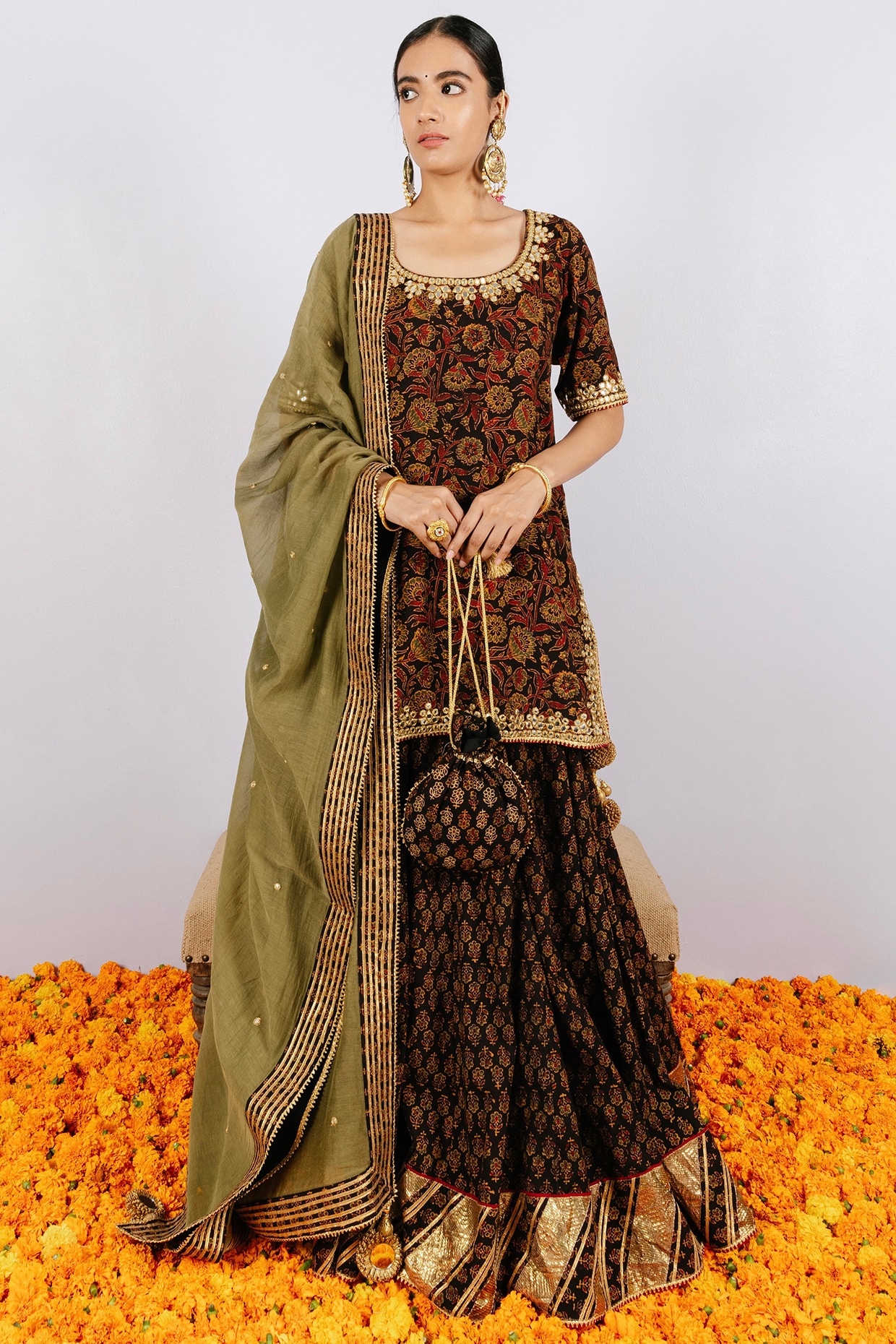 Golden Hand Embroidered Bridal Lehenga With Dark Red Bandhani Dupatta -  Annu's Creation