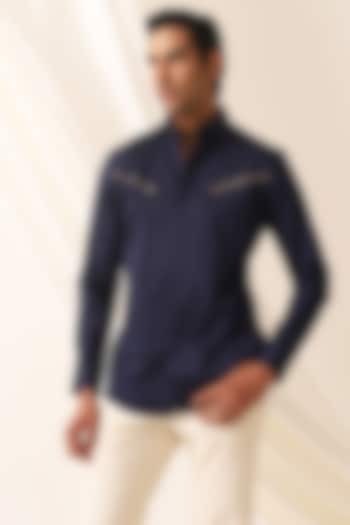 Navy Blue Cotton Party Wear Shirt by SEVENDC MEN at Pernia's Pop Up Shop