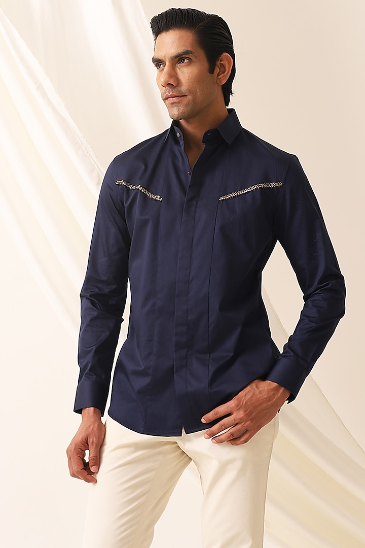 Navy Blue Cotton Party Wear Shirt by SEVENDC MEN at Pernia's Pop Up Shop
