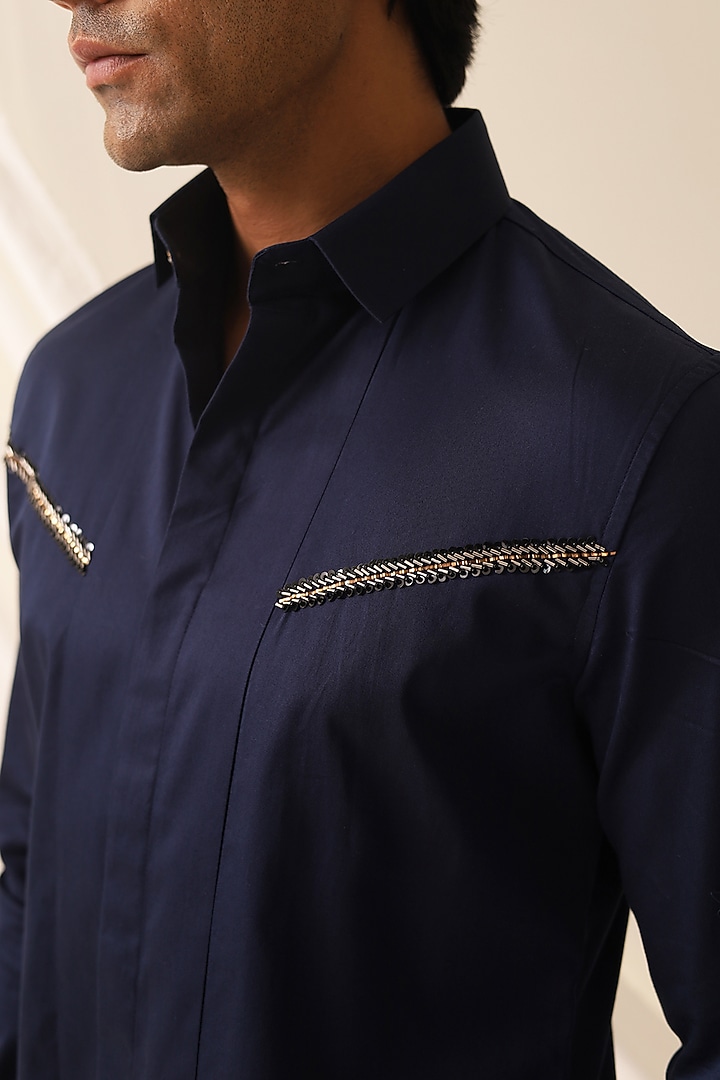 Navy Blue Cotton Party Wear Shirt by SEVENDC MEN at Pernia's Pop Up Shop