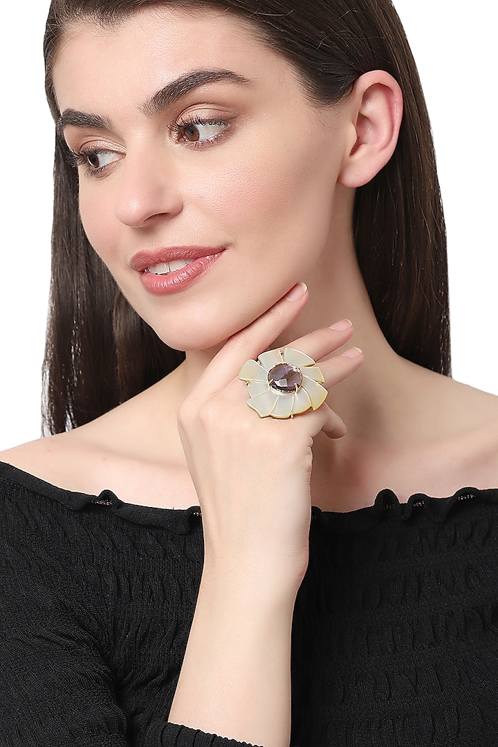 Gold Finish Mother of Pearl & Amethyst Ring by XAGO at Pernia's Pop Up Shop