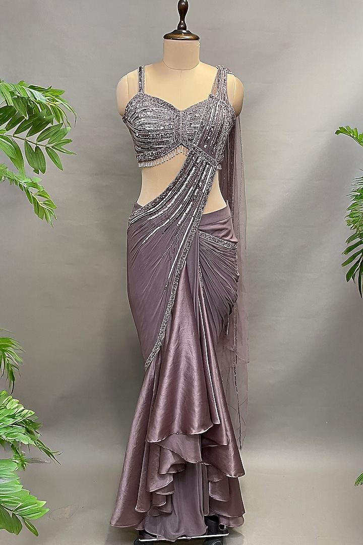 Lavender Net & Satin Organza Pre-Stitched Wedding Saree Set by Chaashni by Maansi and Ketan at Pernia's Pop Up Shop