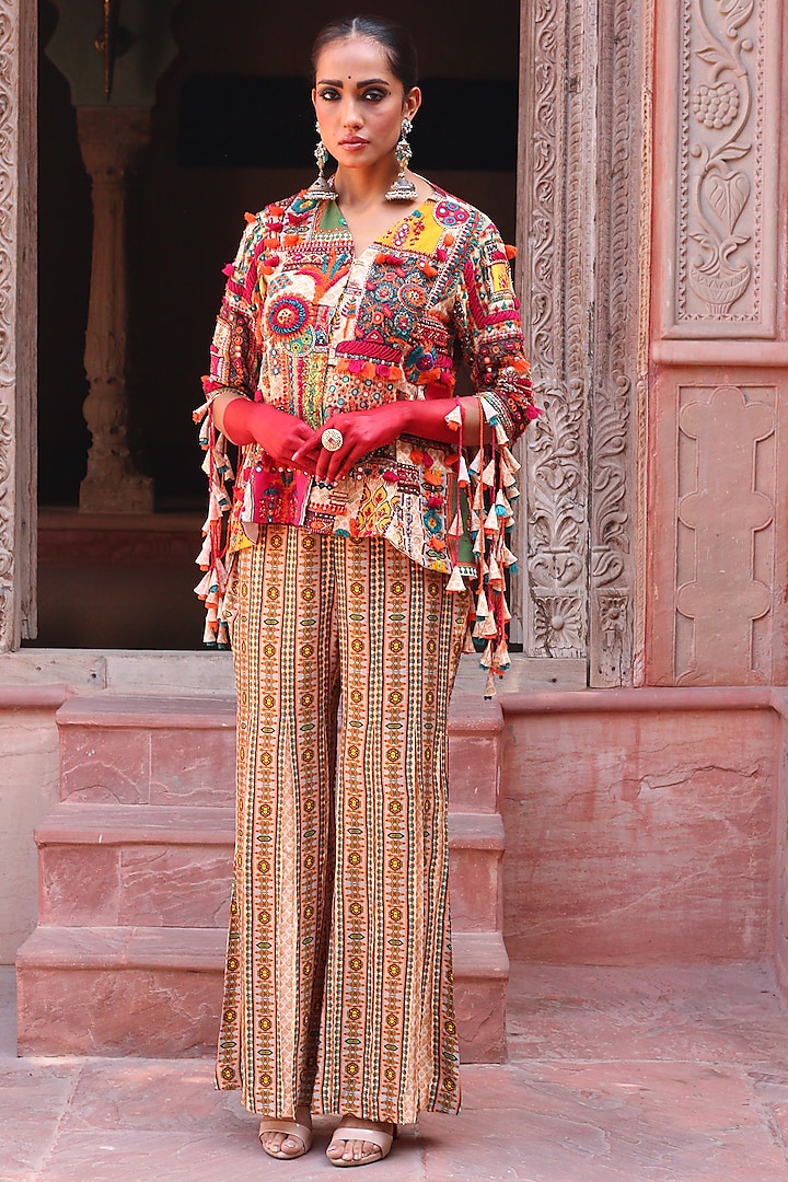 Multi-Colored Cotton Silk Hand Embroidered Overlay Jacket Set by Ankur J