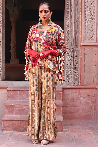 Multi-Colored Cotton Silk Hand Embroidered Overlay Jacket Set by Ankur J