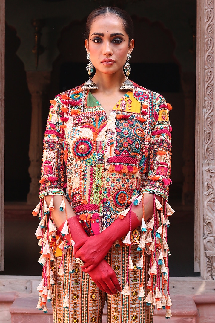 Multi-Colored Cotton Silk Hand Embroidered Overlay Jacket Set by Ankur J at Pernia's Pop Up Shop