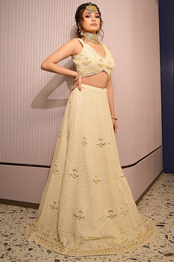 OffWhite Embroidered Lehenga Set Design by Empress by Arefa at Pernia