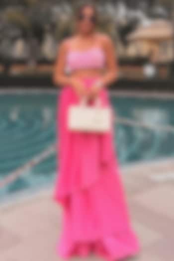 Pink Armani Satin Draped Skirt Saree Set by TYOHAR