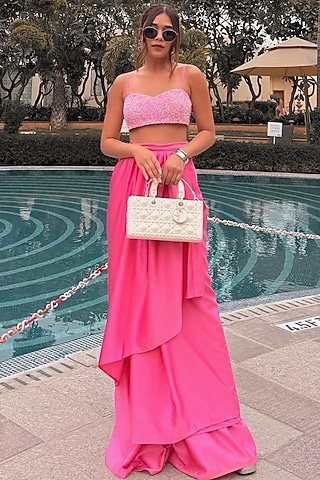 Pink Armani Satin Draped Skirt Saree Set by TYOHAR