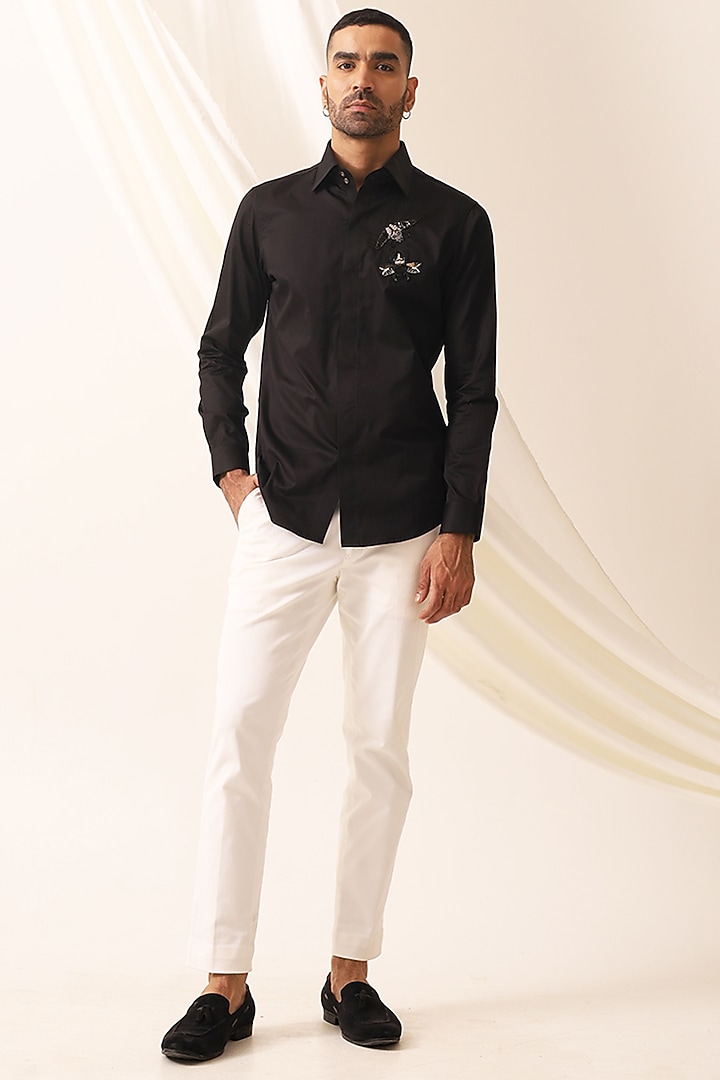 Black Cotton Handcrafted Thread & Motif Embellished Party Wear Shirt by SEVENDC MEN at Pernia's Pop Up Shop