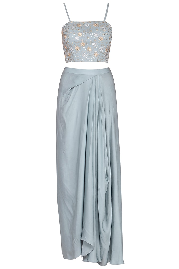 Stone blue embroidered croptop, draped skirt and jacket set available only at Pernia's Pop Up Shop.