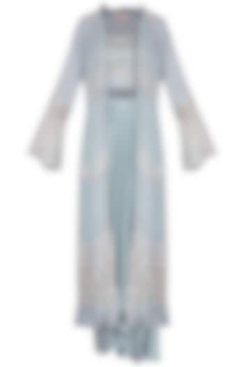 Stone blue embroidered croptop, draped skirt and jacket set available only at Pernia's Pop Up Shop.