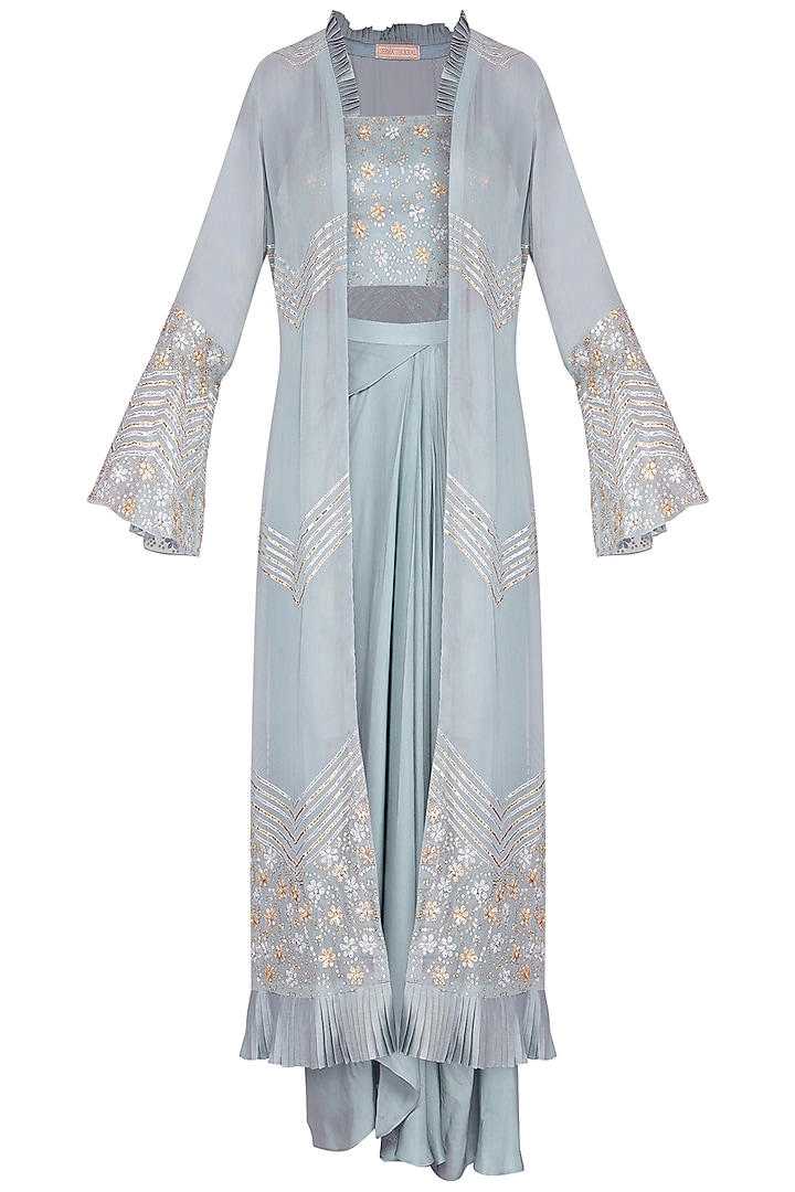 Stone Blue Embroidered Croptop, Draped Skirt and Jacket Set by Seema Thukral