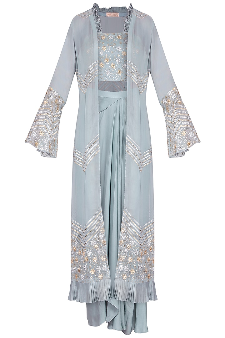 Stone blue embroidered croptop, draped skirt and jacket set available only at Pernia's Pop Up Shop.