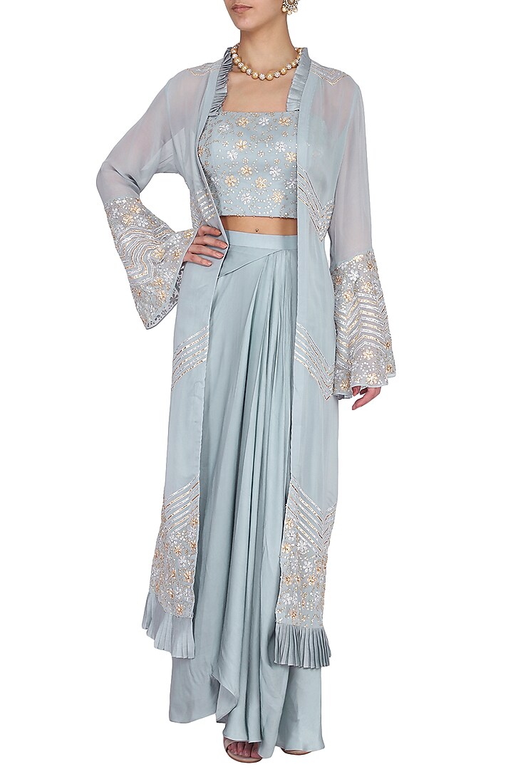 Stone blue embroidered croptop, draped skirt and jacket set available only at Pernia's Pop Up Shop.