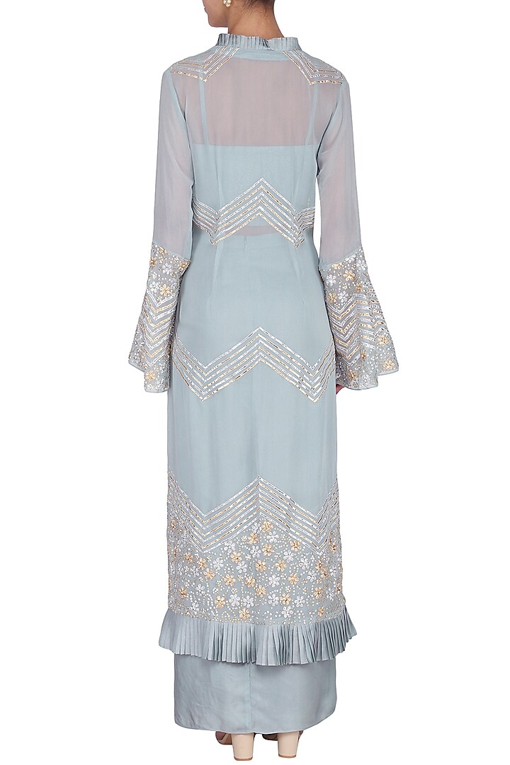 Stone blue embroidered croptop, draped skirt and jacket set available only at Pernia's Pop Up Shop.
