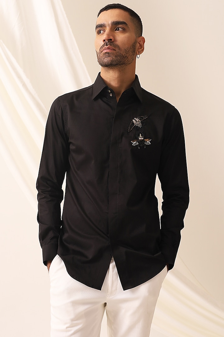 Black Cotton Handcrafted Thread & Motif Embellished Shirt by SEVENDC MEN