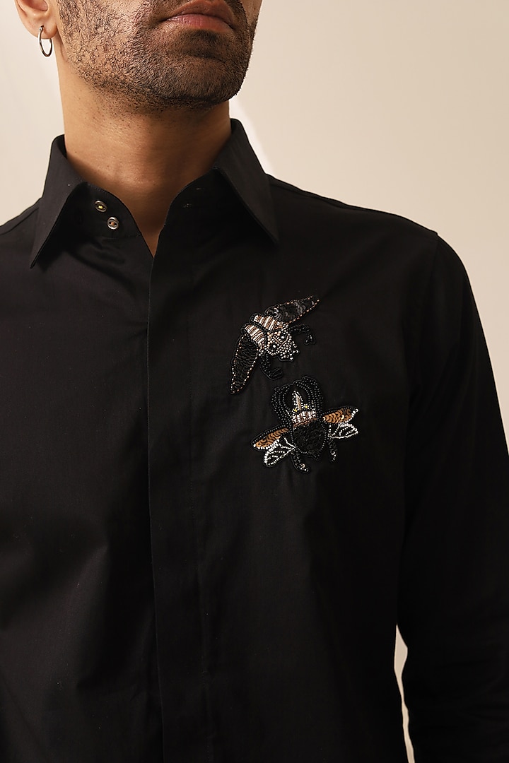 Black Cotton Handcrafted Thread & Motif Embellished Party Wear Shirt by SEVENDC MEN at Pernia's Pop Up Shop
