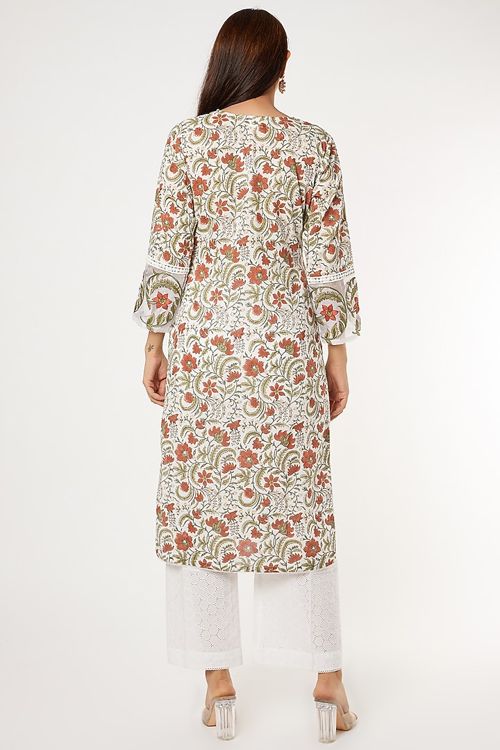 White & Red Floral Printed Straight Kurta Set by Inara Jaipur at Pernia's Pop Up Shop