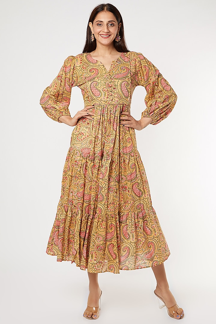 Yellow Floral Printed Tiered Dress by Inara Jaipur