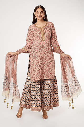 Peach & Red Cotton Floral Printed Gharara Set by Inara Jaipur