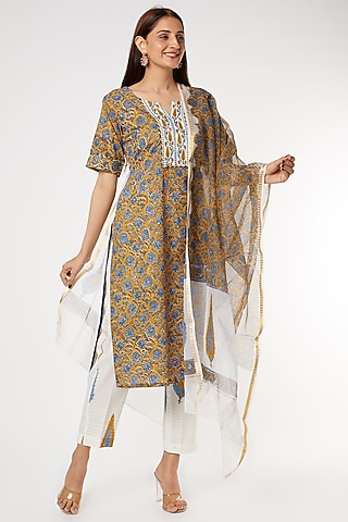 Mehendi Green & Purple Floral Printed Straight Kurta Set by Inara Jaipur