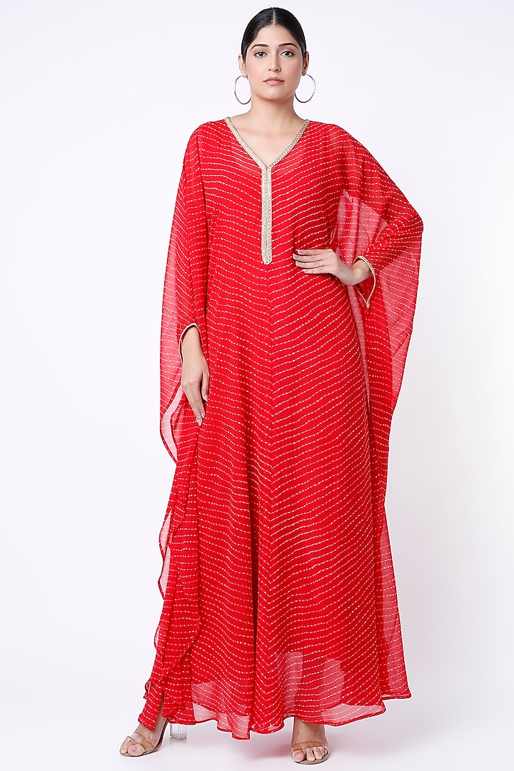 Red Georgette Leheriya Kaftan With Inner by Inara Jaipur