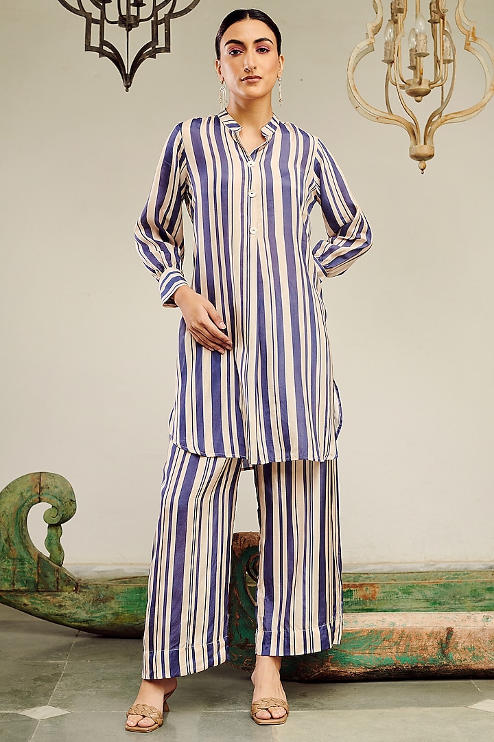 Blue Cotton Silk Stripes Printed Co-Ord Set by Inara