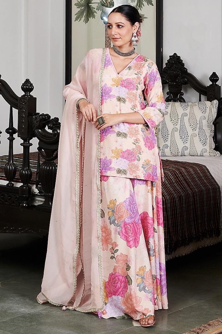 Nude-Beige Cotton Silk Floral Digital Printed Sharara Set by Inara