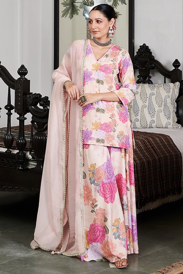 Nude-Beige Cotton Silk Floral Digital Printed Party Wear Sharara Set by Blooming Threads at Pernia's Pop Up Shop