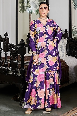 Purple Cotton Silk Floral Digital Printed Sharara Set by Blooming Threads