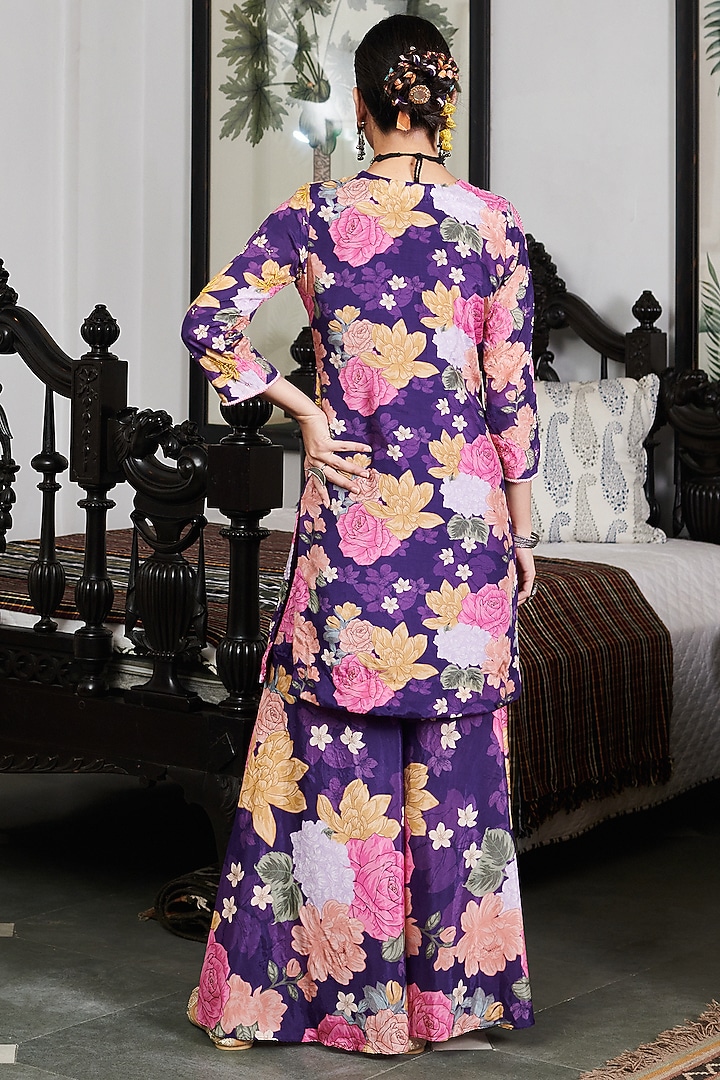 Purple Cotton Silk Floral Digital Printed Party Wear Sharara Set by Blooming Threads at Pernia's Pop Up Shop
