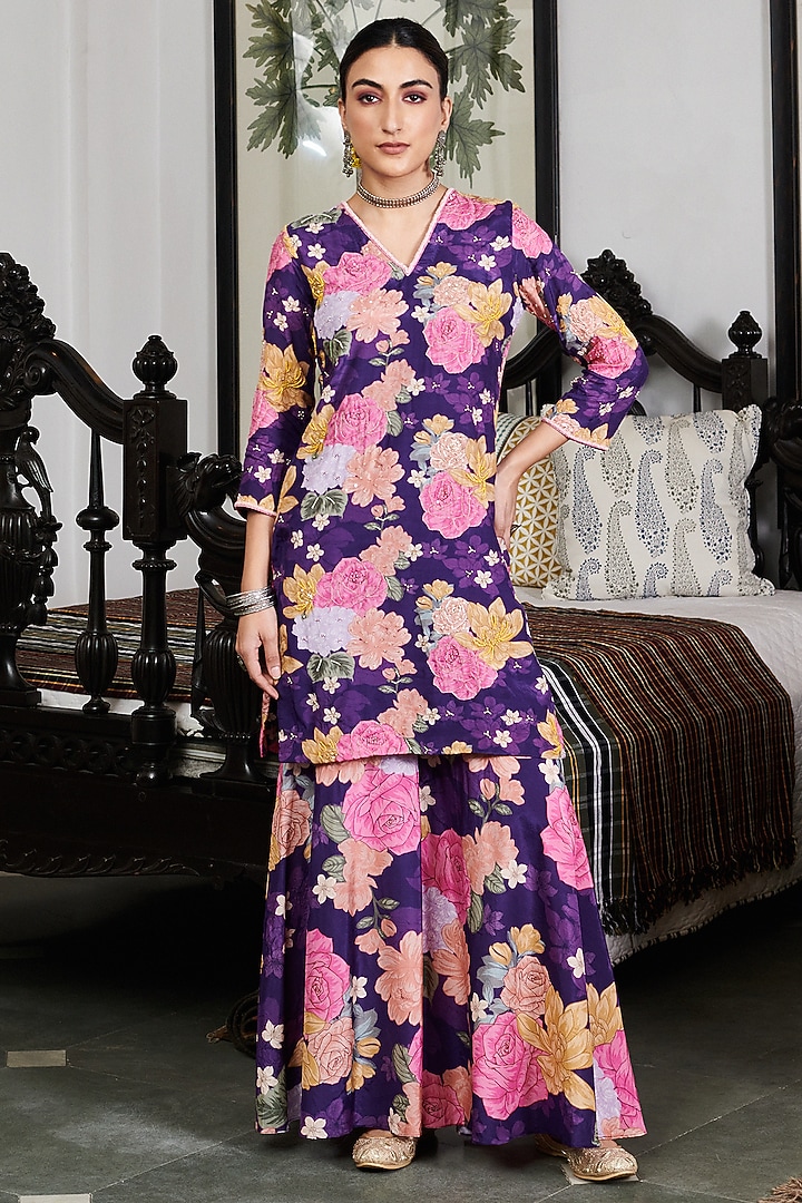 Purple Cotton Silk Floral Digital Printed Party Wear Sharara Set by Blooming Threads at Pernia's Pop Up Shop