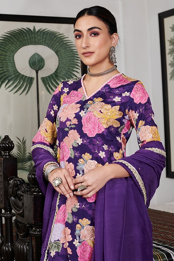 Purple Cotton Silk Floral Digital Printed Party Wear Sharara Set by Blooming Threads at Pernia's Pop Up Shop