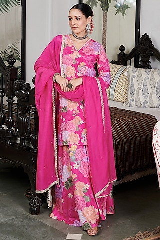 Fuchsia Cotton Silk Floral Digital Printed Sharara Set by Blooming Threads