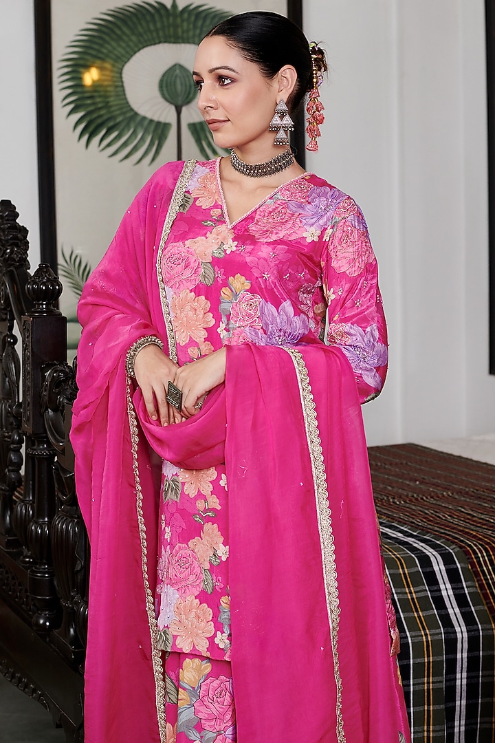 Fuchsia Cotton Silk Floral Digital Printed Party Wear Sharara Set by Blooming Threads at Pernia's Pop Up Shop