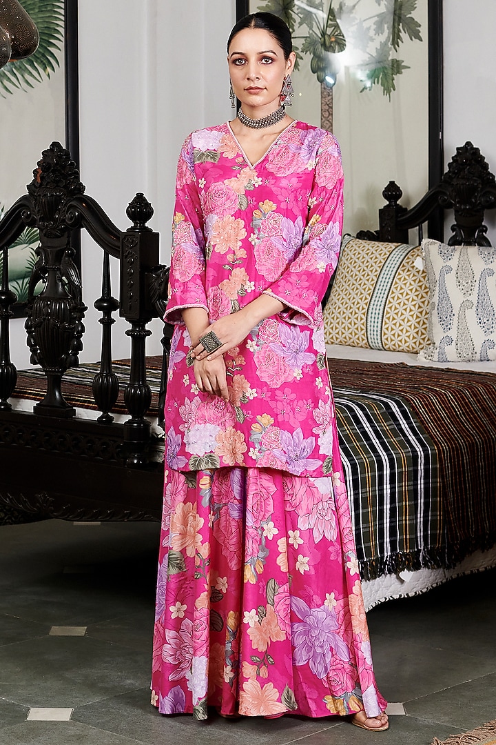 Fuchsia Cotton Silk Floral Digital Printed Party Wear Sharara Set by Blooming Threads at Pernia's Pop Up Shop