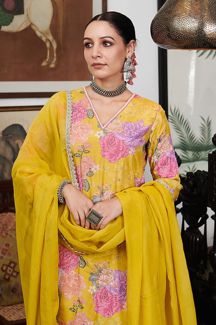 Mustard Cotton Silk Floral Digital Printed Party Wear Sharara Set by Blooming Threads at Pernia's Pop Up Shop