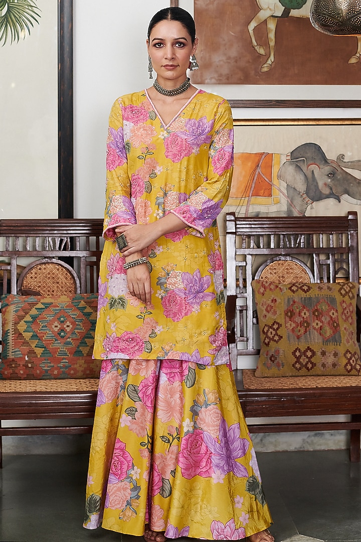 Mustard Cotton Silk Floral Digital Printed Party Wear Sharara Set by Blooming Threads at Pernia's Pop Up Shop
