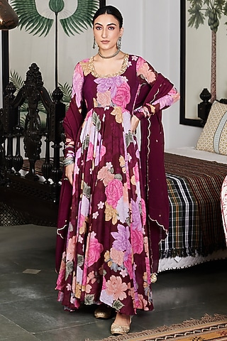 Wine Georgette Floral Digital Printed Anarkali Set by Blooming Threads