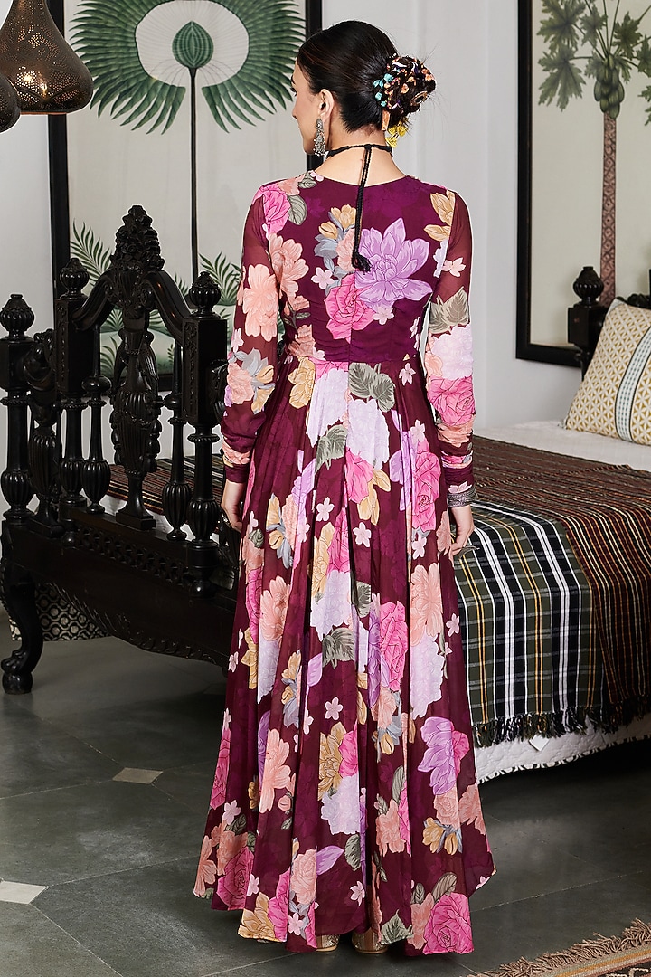 Wine Georgette Floral Digital Printed Party Wear Anarkali Set by Blooming Threads at Pernia's Pop Up Shop