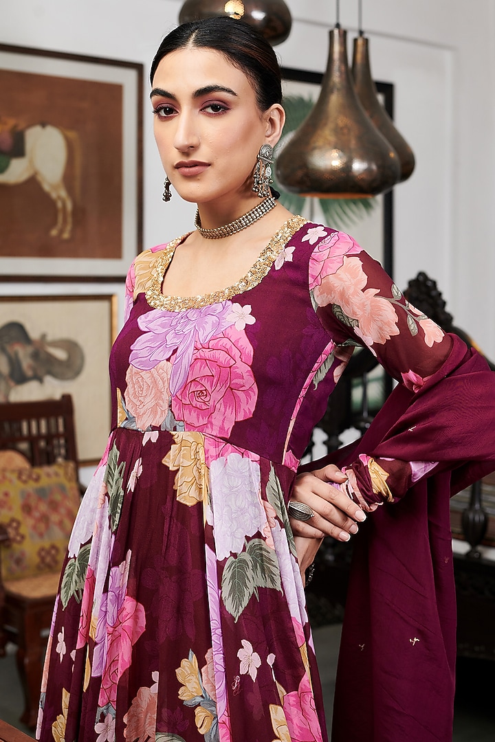Wine Georgette Floral Digital Printed Party Wear Anarkali Set by Blooming Threads at Pernia's Pop Up Shop