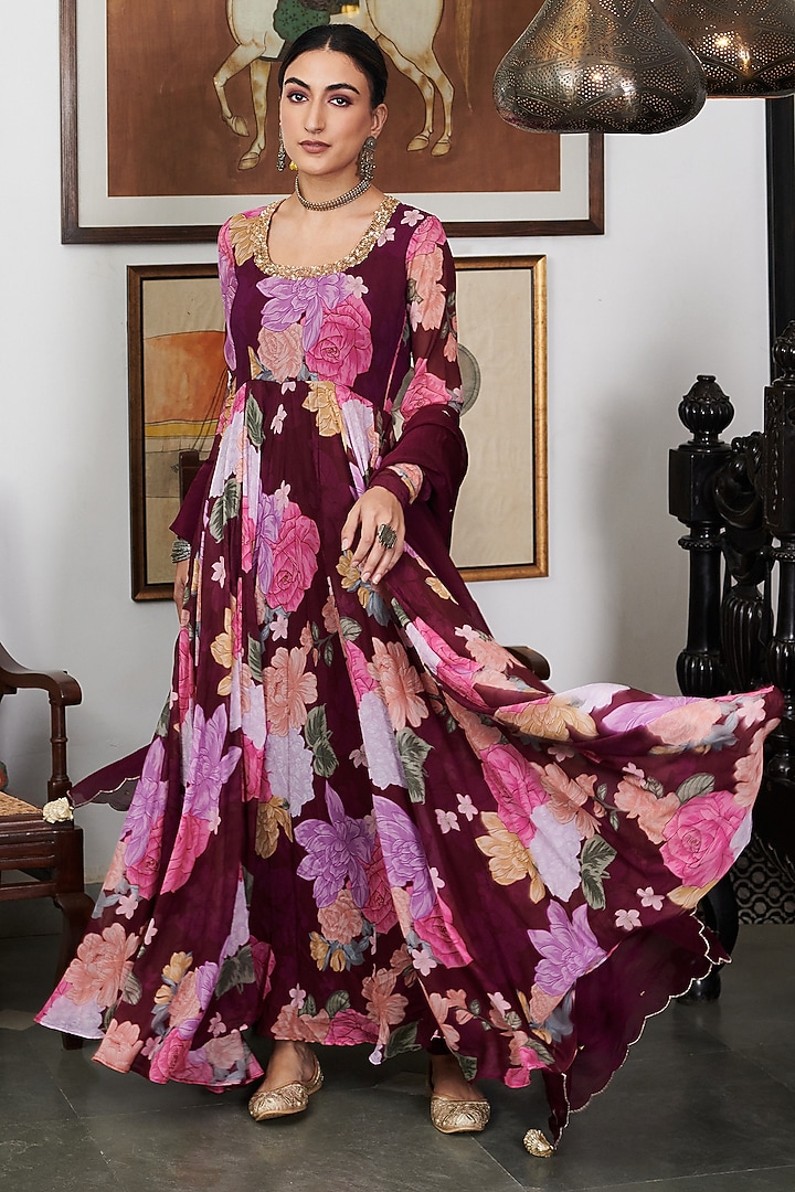 Wine Georgette Floral Digital Printed Party Wear Anarkali Set by Blooming Threads at Pernia's Pop Up Shop