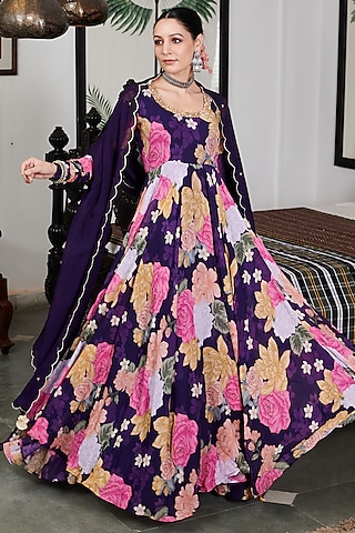 Purple Georgette Floral Digital Printed Anarkali Set by Blooming Threads