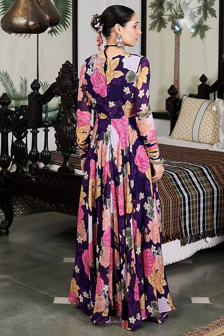 Purple Georgette Floral Digital Printed Party Wear Anarkali Set by Blooming Threads at Pernia's Pop Up Shop