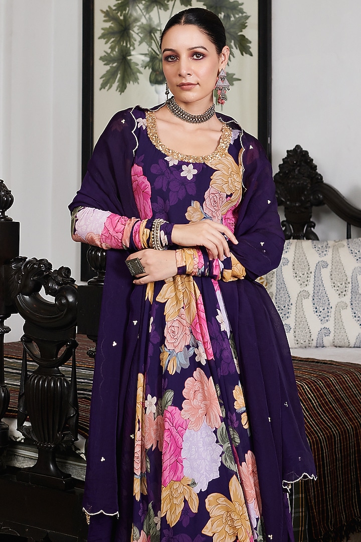 Purple Georgette Floral Digital Printed Party Wear Anarkali Set by Blooming Threads at Pernia's Pop Up Shop