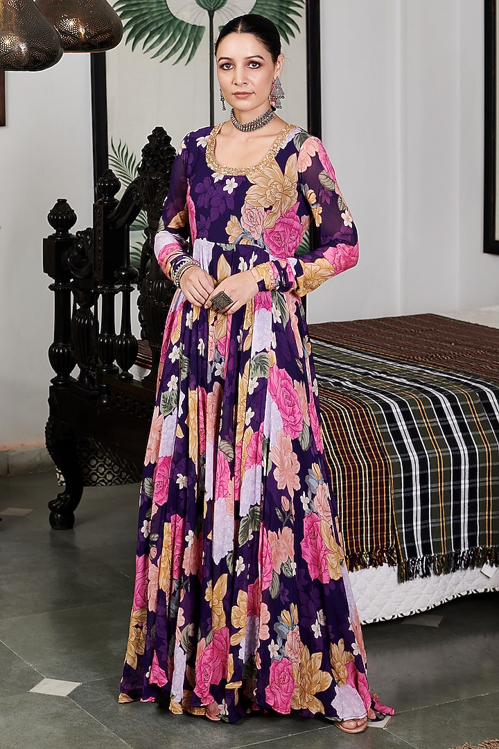 Purple Georgette Floral Digital Printed Party Wear Anarkali Set by Blooming Threads at Pernia's Pop Up Shop