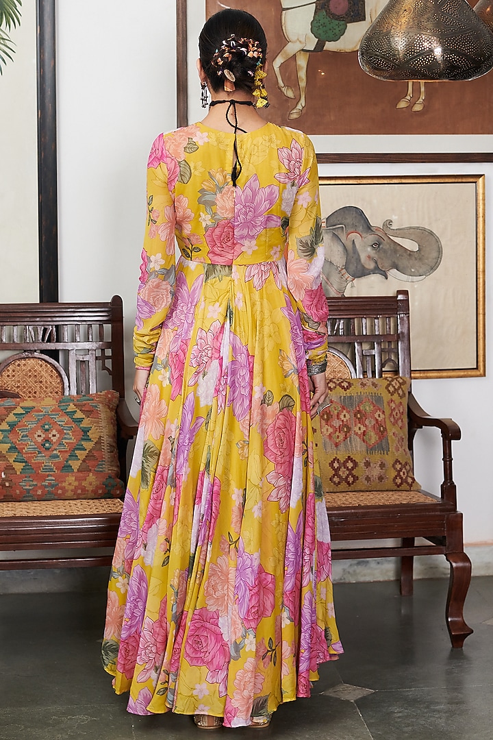 Mustard Georgette Floral Digital Printed Party Wear Anarkali Set by Blooming Threads at Pernia's Pop Up Shop