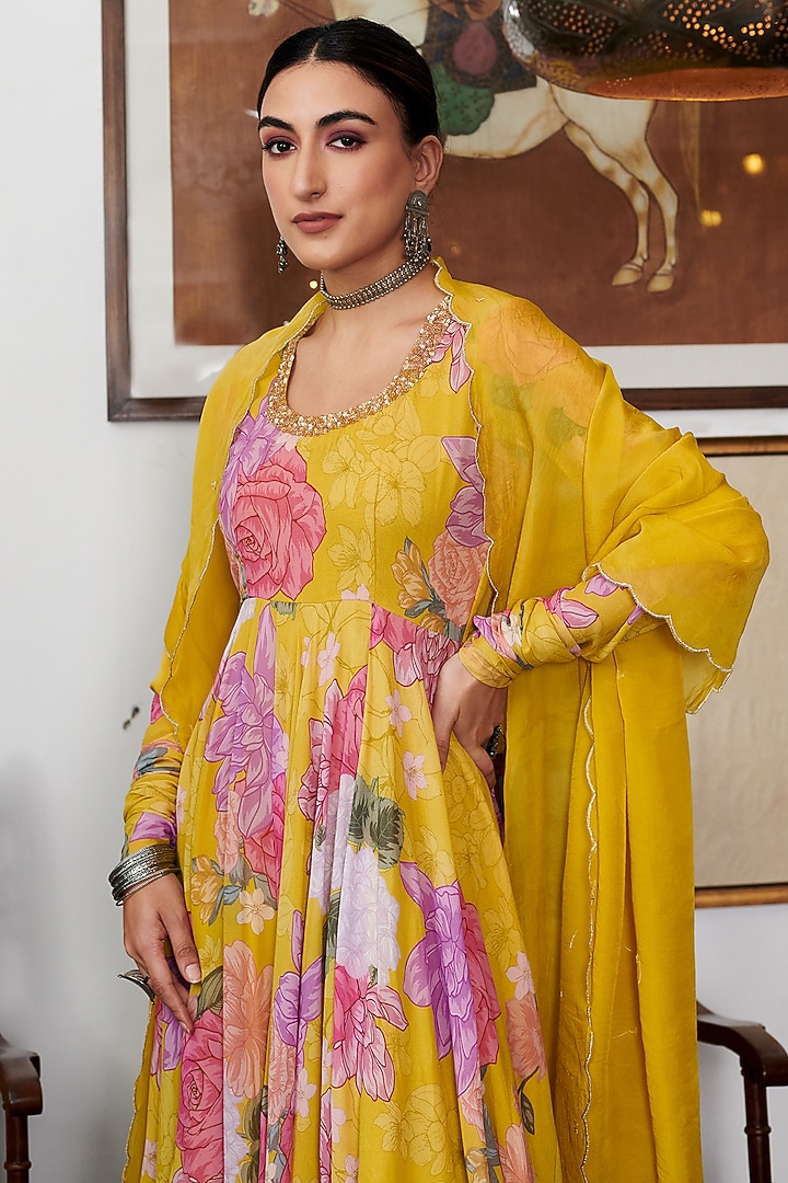 Mustard Georgette Floral Digital Printed Party Wear Anarkali Set by Blooming Threads at Pernia's Pop Up Shop
